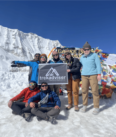 Guide and Trekkers Celebrating at Larke La Pass (5,160m), Manaslu Circuit Trek