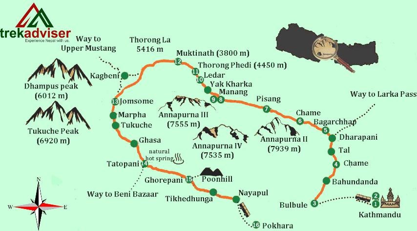 Map of Annapurna Circuit trekking route 2021